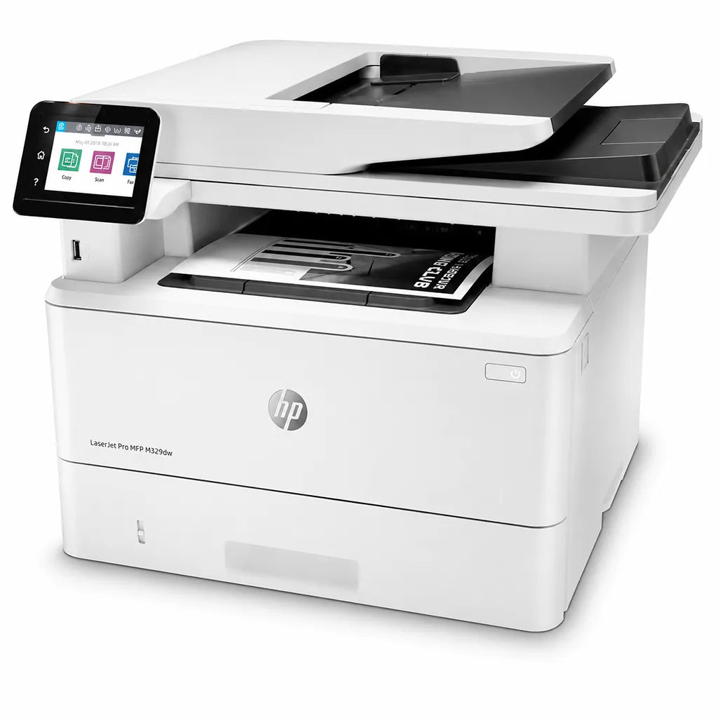 HP LaserJet Pro M329dw wireless monochrome laser multifunction printer right angle view with touchscreen control panel -tpstech.in
