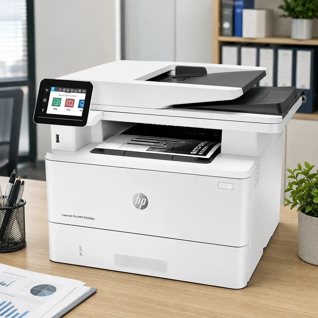 HP LaserJet Pro M329dw wireless monochrome laser multifunction printer placed in a modern office workspace for business printing -tpstech.in
