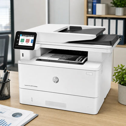 HP LaserJet Pro M329dw wireless monochrome laser multifunction printer placed in a modern office workspace for business printing -tpstech.in