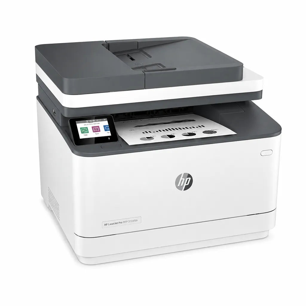 Angled view of HP LaserJet Pro MFP 3104fdn multifunction laser printer with automatic document feeder and touchscreen -tpstech.in