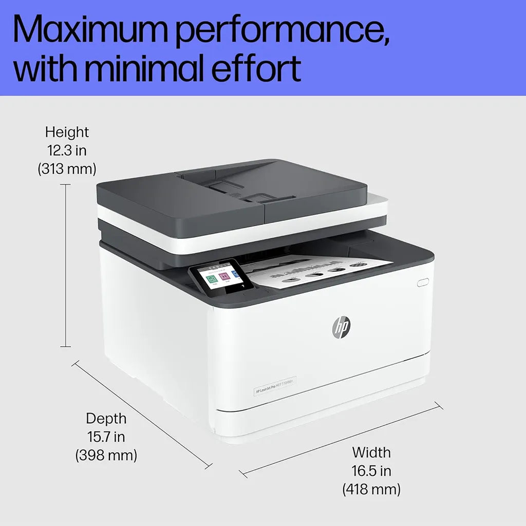 HP LaserJet Pro MFP 3104fdn printer showing 418 mm width, 398 mm depth and 313 mm height -tpstech.in