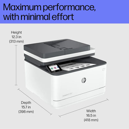 HP LaserJet Pro MFP 3104fdn printer showing 418 mm width, 398 mm depth and 313 mm height -tpstech.in