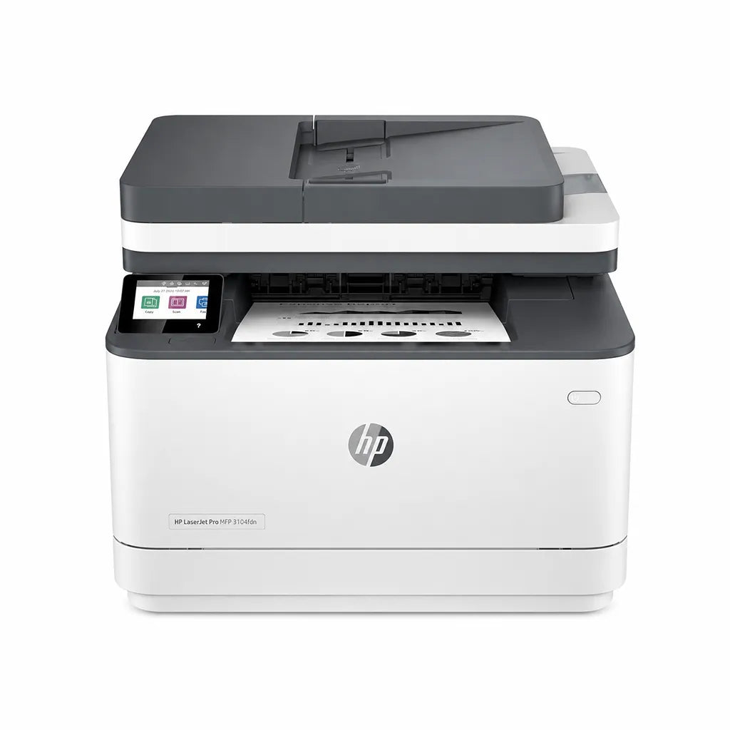 Front view of HP LaserJet Pro MFP 3104fdn multifunction monochrome laser printer with touchscreen and automatic document feeder -tpstech.in