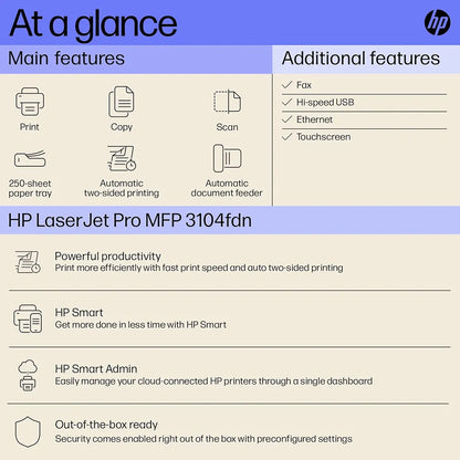 HP LaserJet Pro MFP 3104fdn printer showing print copy scan fax, 250-sheet tray and automatic two-sided printing features -tpstech.in