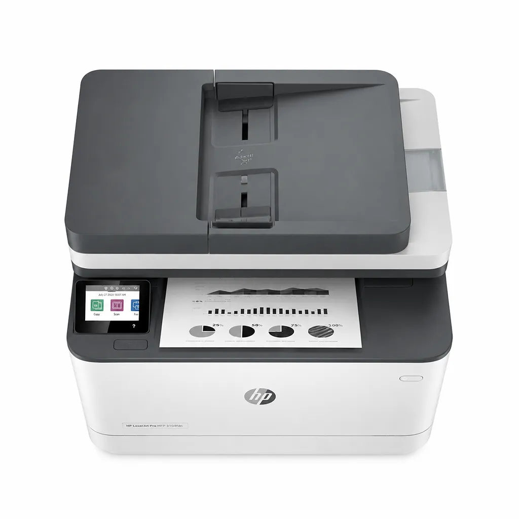 Top view of HP LaserJet Pro MFP 3104fdn showing automatic document feeder, touchscreen and output area -tpstech.in