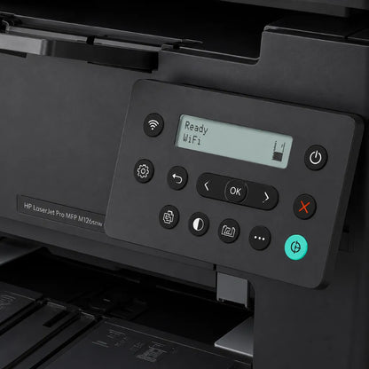 LCD display and control buttons of HP LaserJet Pro MFP M126SNW Plus 53X76A wireless laser printer.