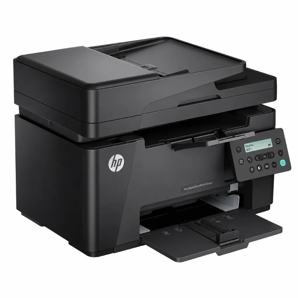 Angled view of HP LaserJet Pro MFP M126SNW Plus 53X76A wireless print scan copy monochrome laser printer.