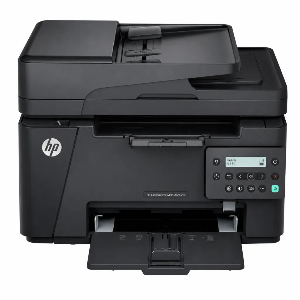 HP LaserJet Pro MFP M126SNW Plus 53X76A wireless monochrome laser multifunction printer front view with automatic document feeder.