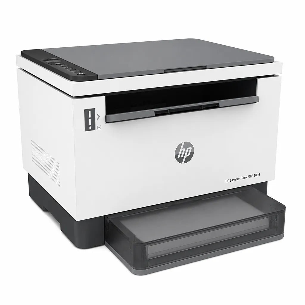 HP LaserJet Tank 1005 monochrome laser printer front left angle view for office and business printing -tpstech.in