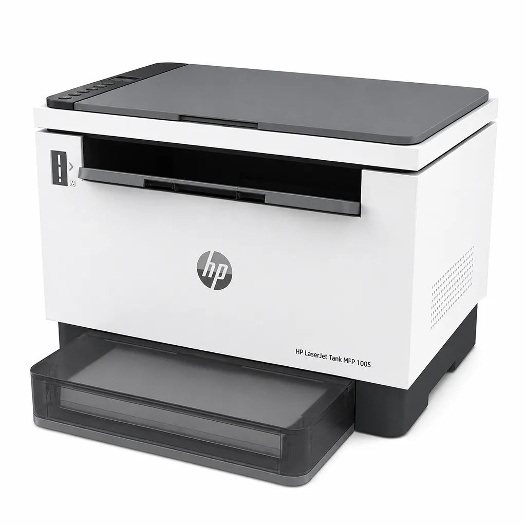 HP LaserJet Tank 1005 monochrome laser printer front right angle view with compact desktop design -tpstech.in