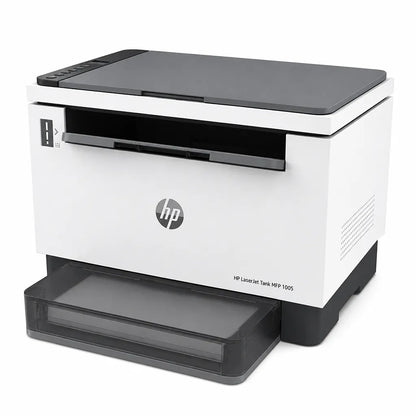 HP LaserJet Tank 1005 monochrome laser printer front right angle view with compact desktop design -tpstech.in