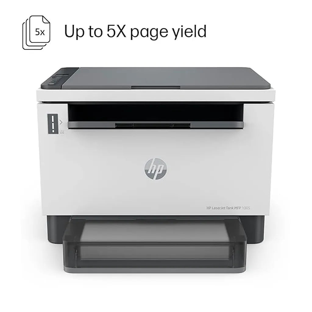HP LaserJet Tank 1005 monochrome laser printer front view with up to 5X page yield technology -tpstech.in