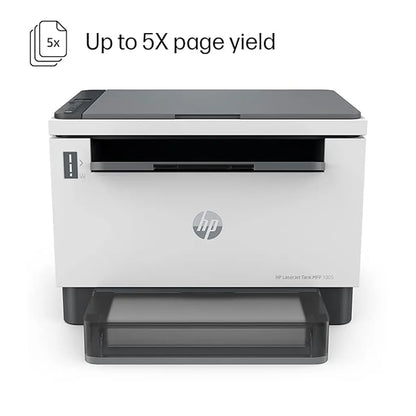 HP LaserJet Tank 1005 monochrome laser printer front view with up to 5X page yield technology -tpstech.in