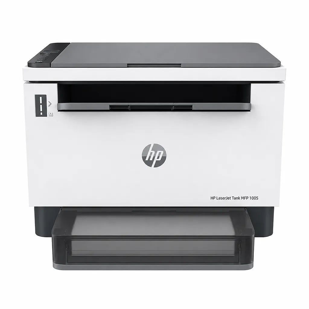 HP LaserJet Tank 1005 monochrome laser printer front view with high-capacity input tray -tpstech.in