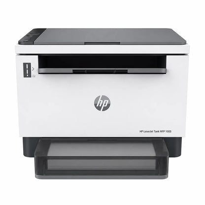 HP LaserJet Tank 1005 monochrome laser printer front view with high-capacity input tray -tpstech.in