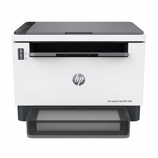 HP LaserJet Tank 1005 monochrome laser printer front view with high-capacity input tray -tpstech.in