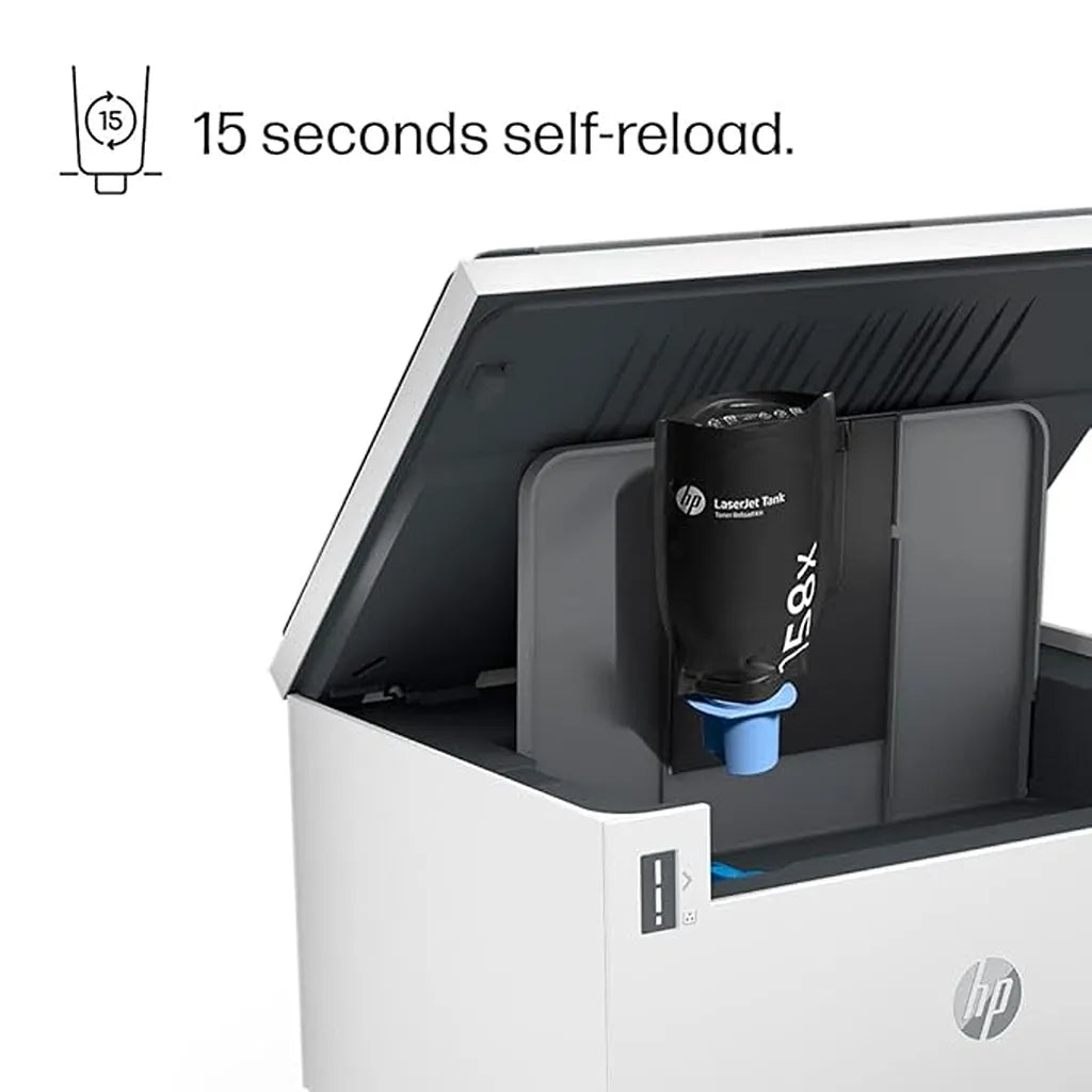 HP LaserJet Tank 1005 laser printer with 15-second toner reload system for quick and clean refilling -tpstech.in