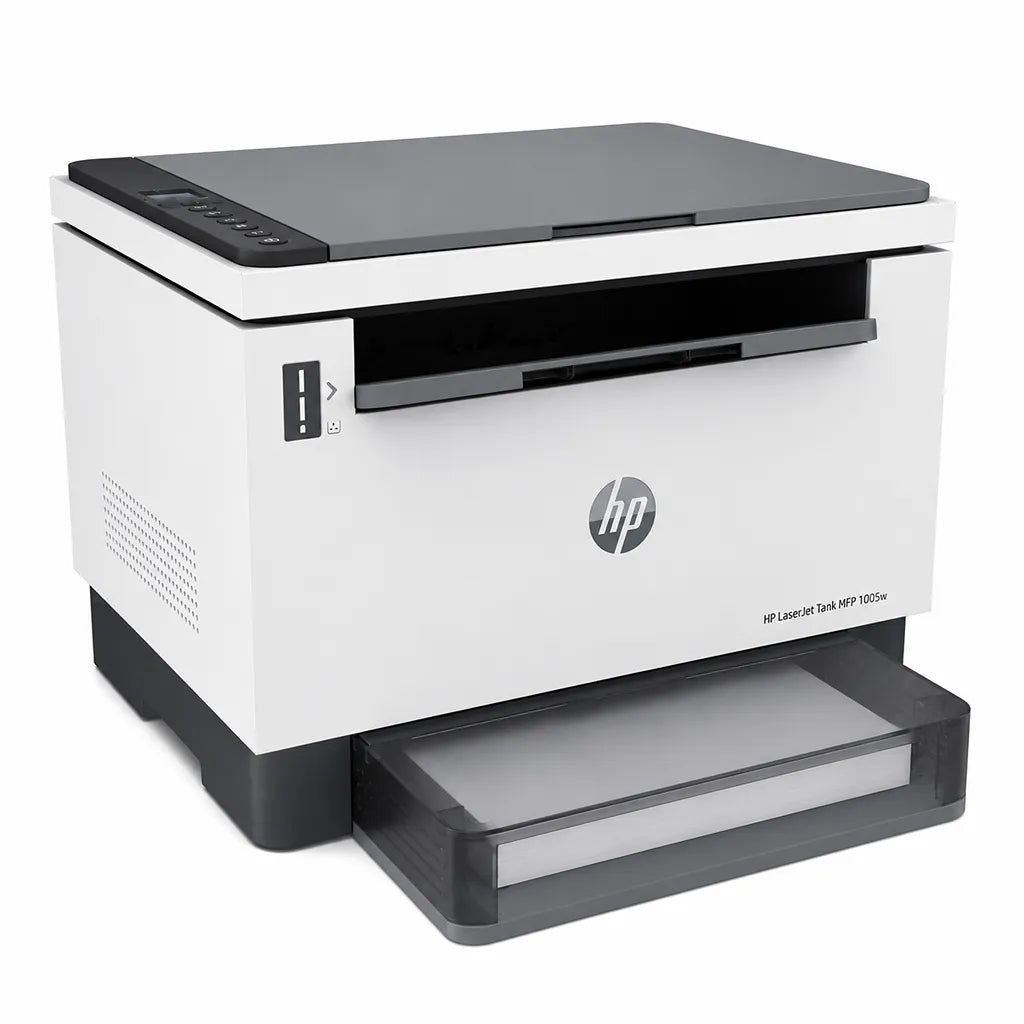 HP LaserJet Tank MFP 1005W wireless monochrome laser printer front left angle view with output tray -tpstech.in