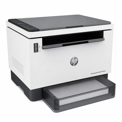 HP LaserJet Tank MFP 1005W wireless monochrome laser printer front left angle view with output tray -tpstech.in