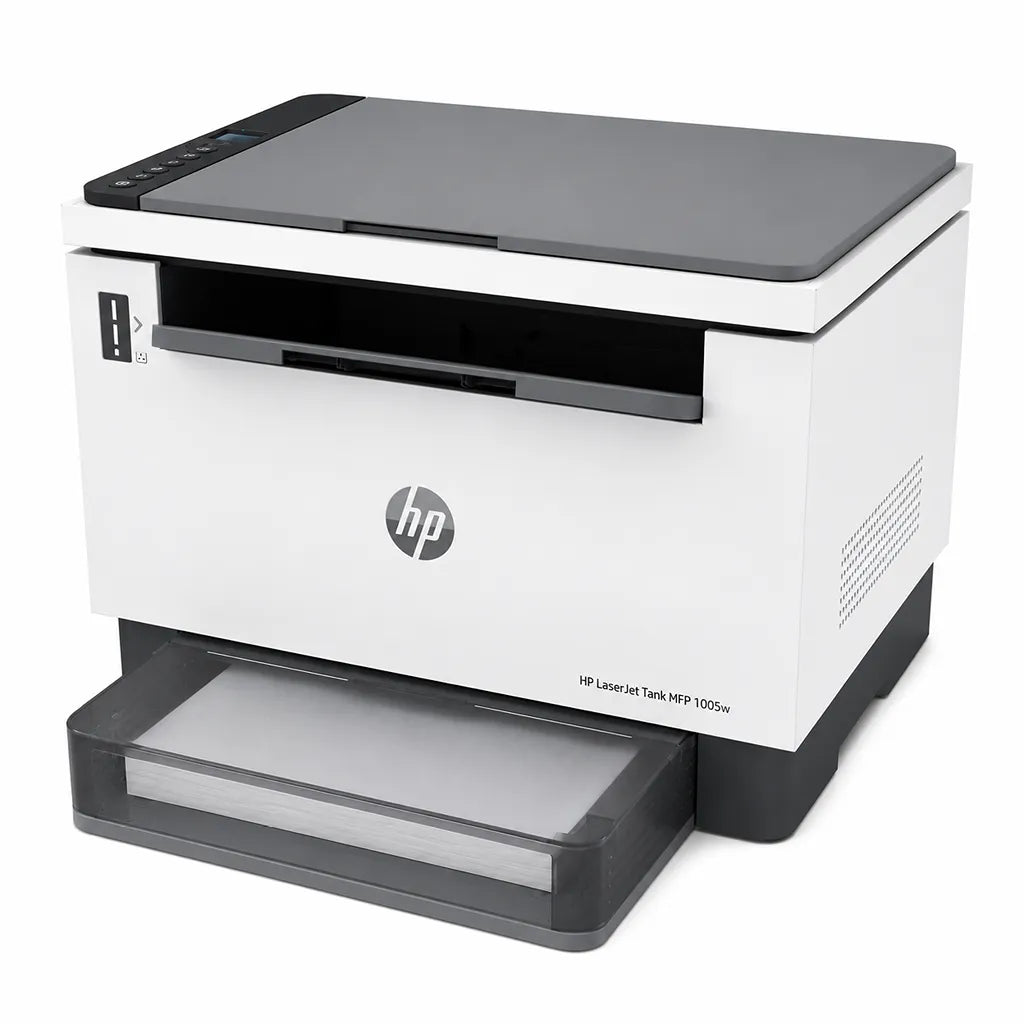 HP LaserJet Tank MFP 1005W monochrome wireless laser printer front right angle view -tpstech.in
