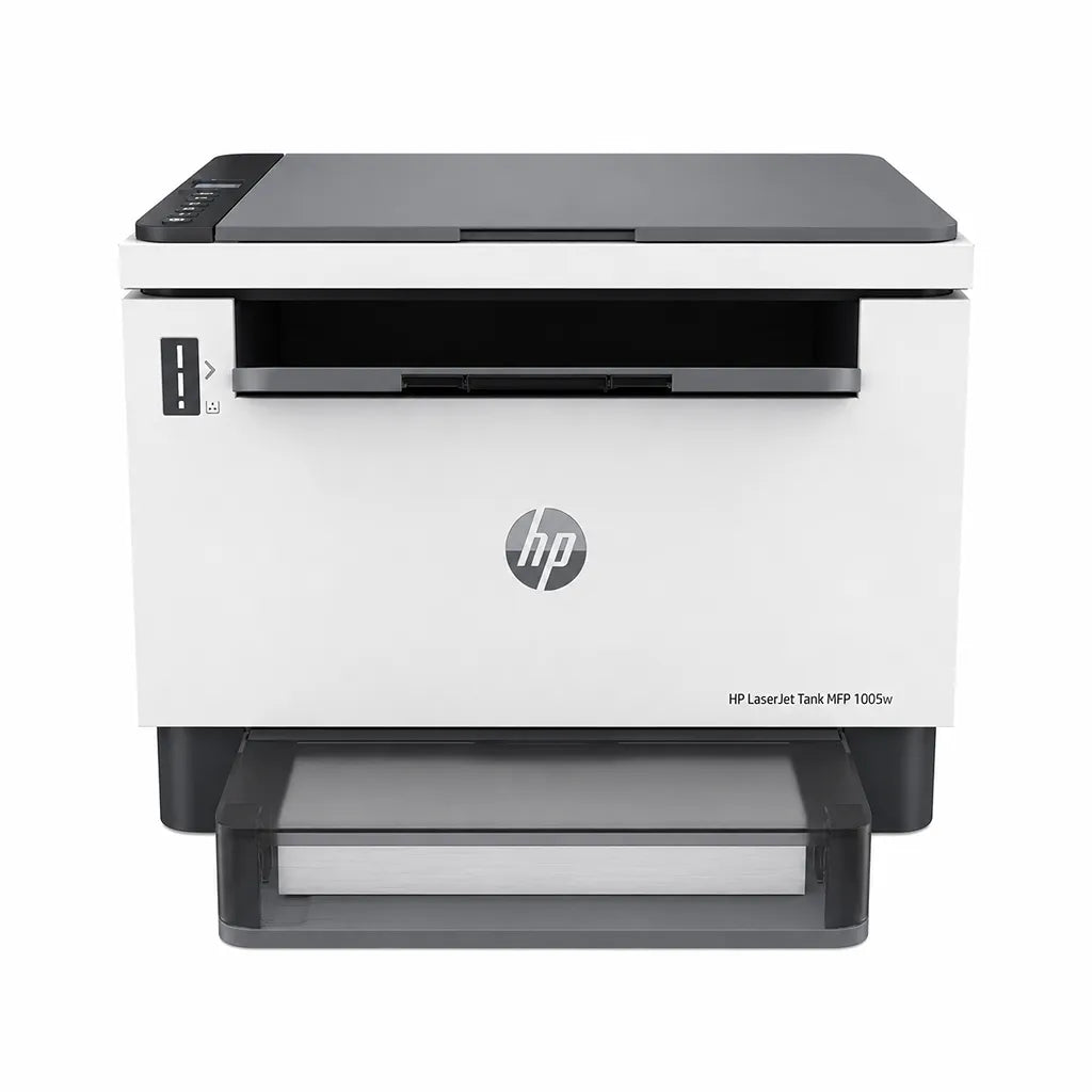 HP LaserJet Tank MFP 1005W wireless laser all in one printer front view with paper output tray -tpstech.in