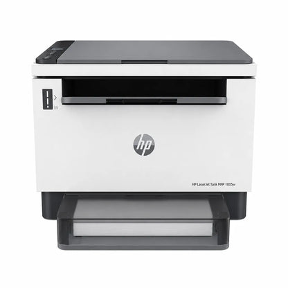 HP LaserJet Tank MFP 1005W wireless laser all in one printer front view with paper output tray -tpstech.in
