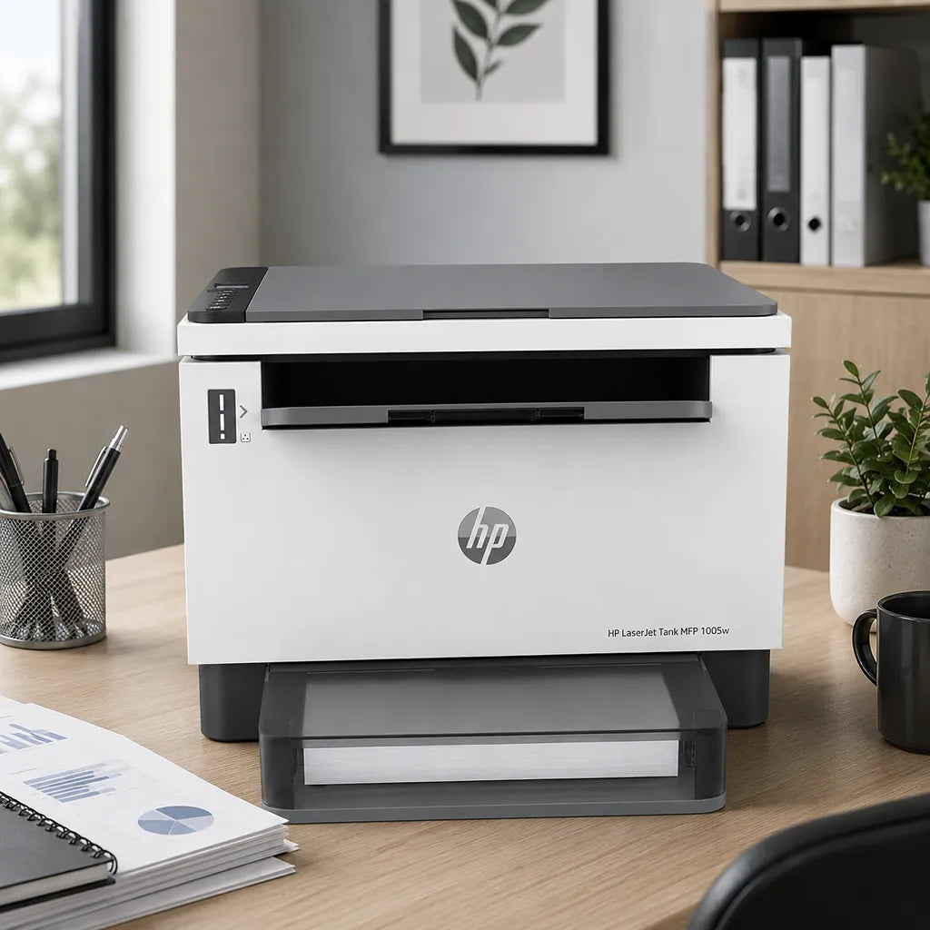 HP LaserJet Tank MFP 1005W wireless monochrome laser printer placed on an office desk for home and business use -tpstech.in