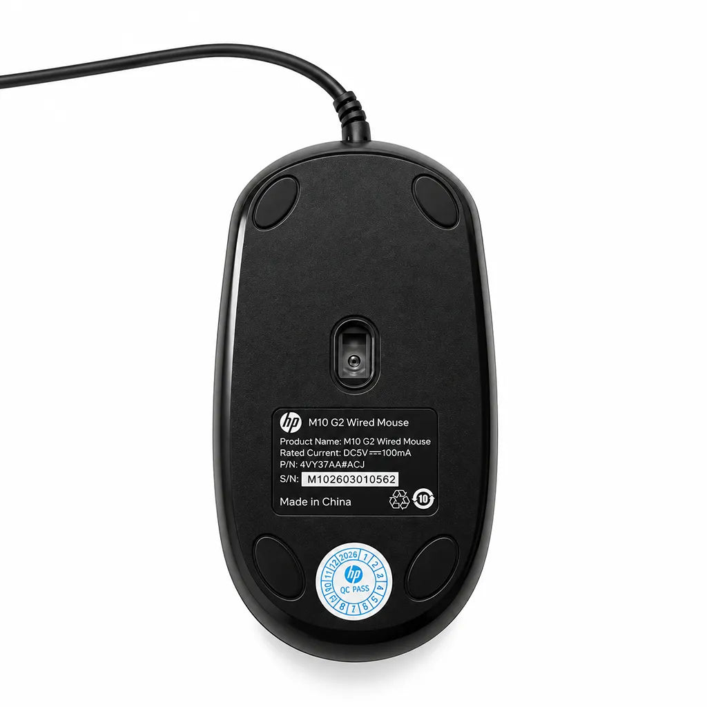 HP M10 G2 Wired Optical Mouse Bottom View Showing Sensor and Gliding Pads tpstech.in