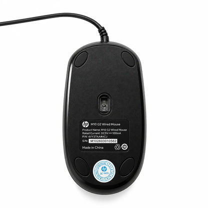 HP M10 G2 Wired Optical Mouse Bottom View Showing Sensor and Gliding Pads tpstech.in