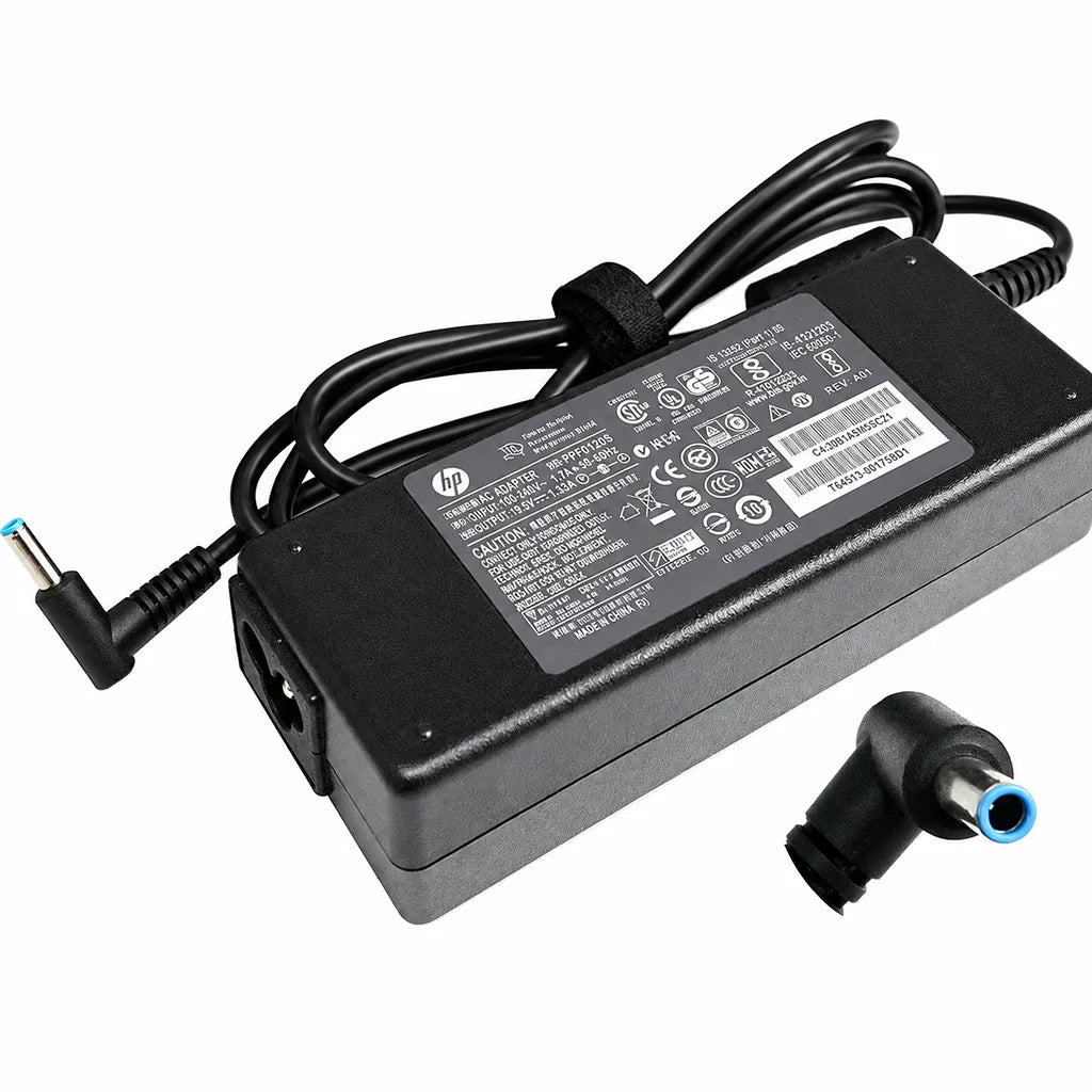 HP OEM 90W 19.5V 4.62A laptop charger adapter with 4.5mm pin and product label view -tpstech.in