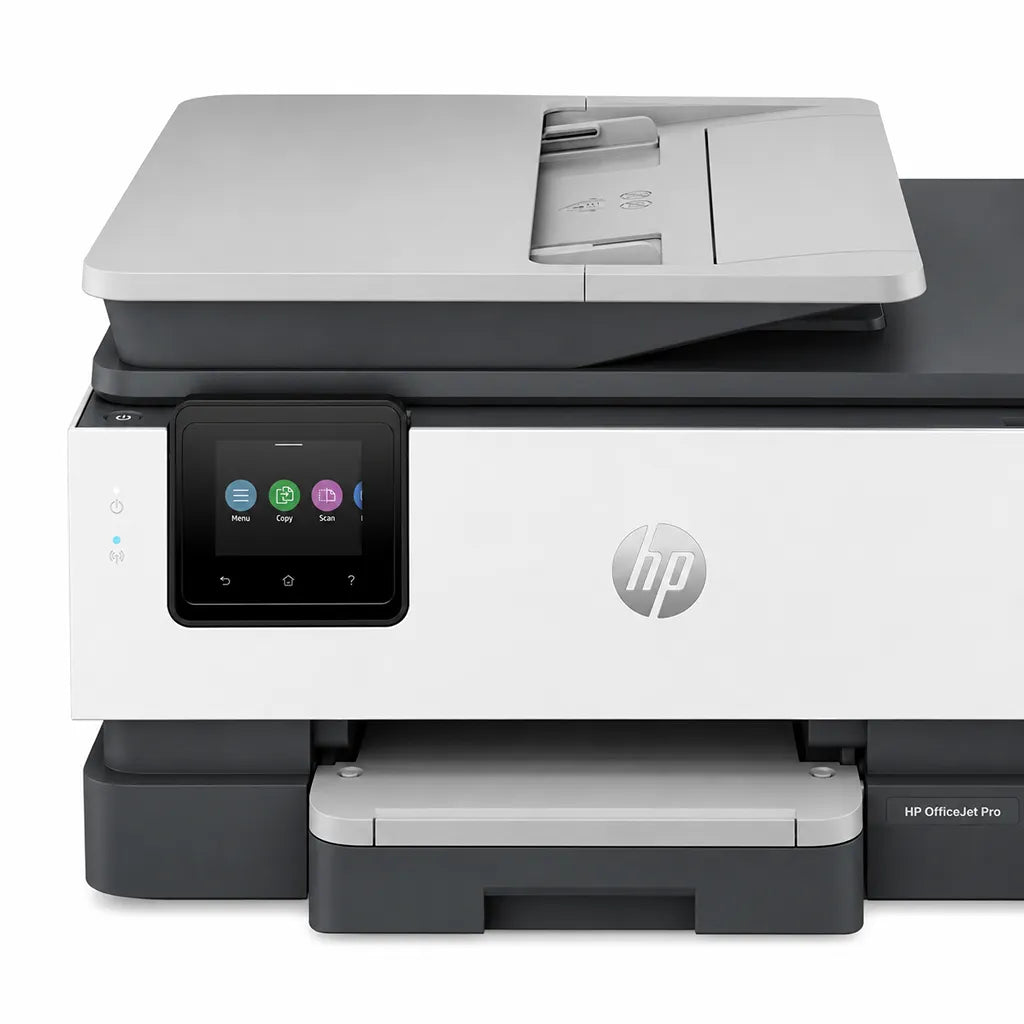 HP OfficeJet Pro 8120 all-in-one printer close-up showing touchscreen control panel and front output area -tpstech.in