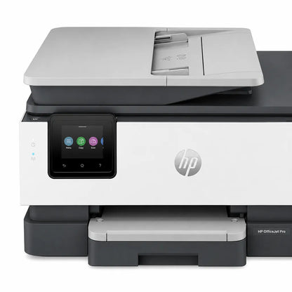 HP OfficeJet Pro 8120 all-in-one printer close-up showing touchscreen control panel and front output area -tpstech.in