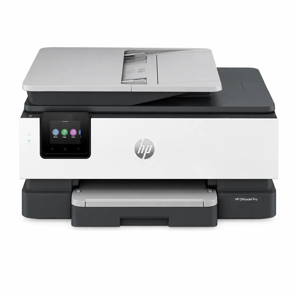 HP OfficeJet Pro 8120 color printer front view showing touchscreen control panel, HP branding and output tray -tpstech.in