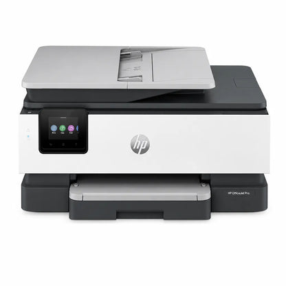HP OfficeJet Pro 8120 color printer front view showing touchscreen control panel, HP branding and output tray -tpstech.in