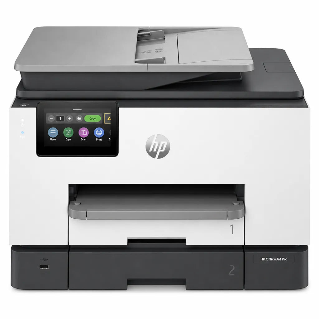 HP OfficeJet Pro 9130 all-in-one colour printer front view with touchscreen, ADF and dual paper trays -tpstech.in