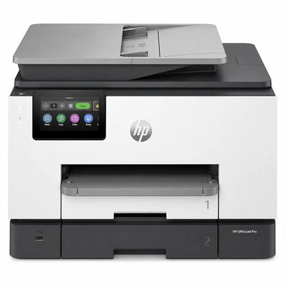 HP OfficeJet Pro 9130b all-in-one wireless printer front view with touchscreen and dual paper trays -tpstech.in