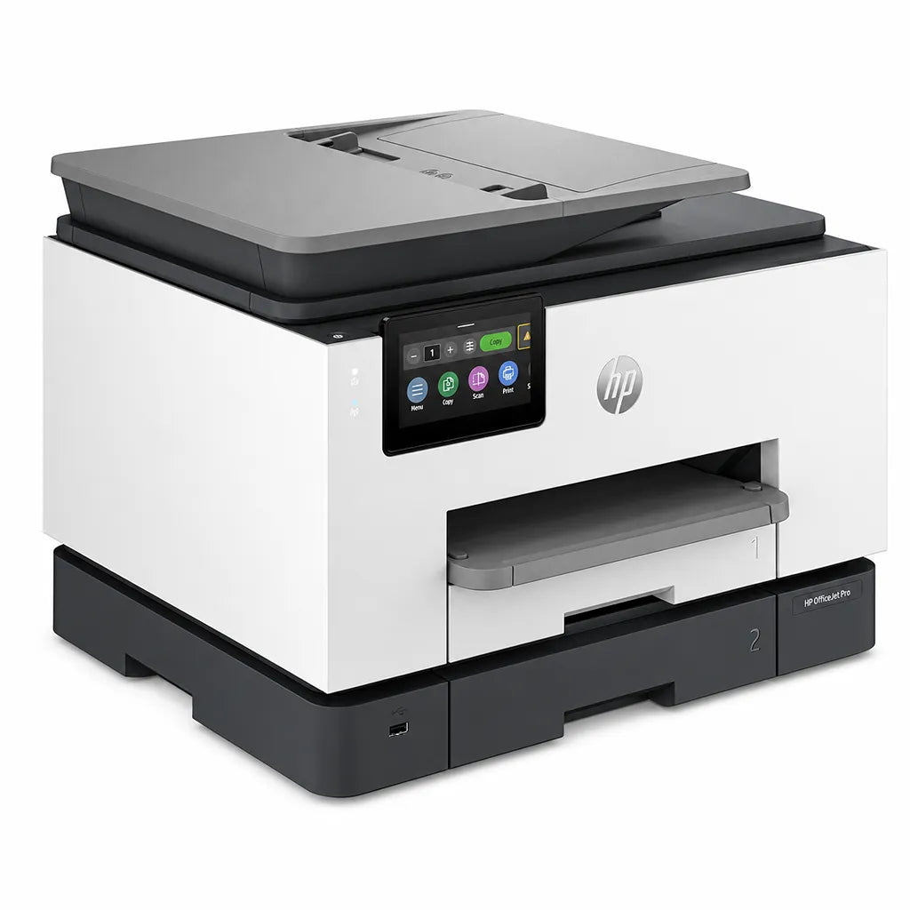 HP OfficeJet Pro 9130b all-in-one printer front left angle showing ADF, touchscreen and paper trays -tpstech.in