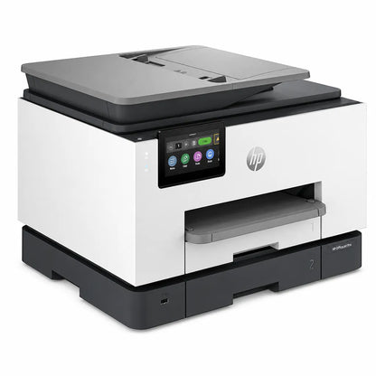 HP OfficeJet Pro 9130b all-in-one printer front left angle showing ADF, touchscreen and paper trays -tpstech.in