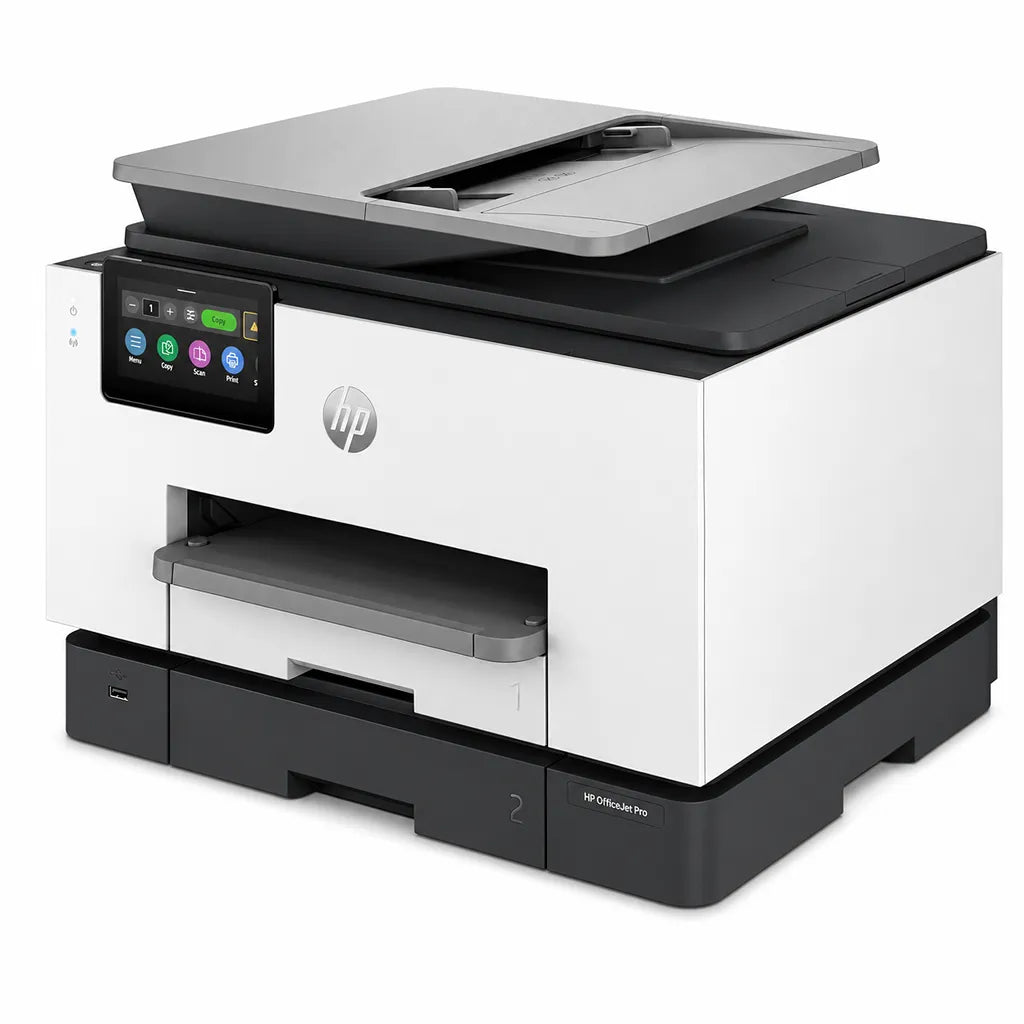 HP OfficeJet Pro 9130b all-in-one printer front right angle view with automatic document feeder and display -tpstech.in