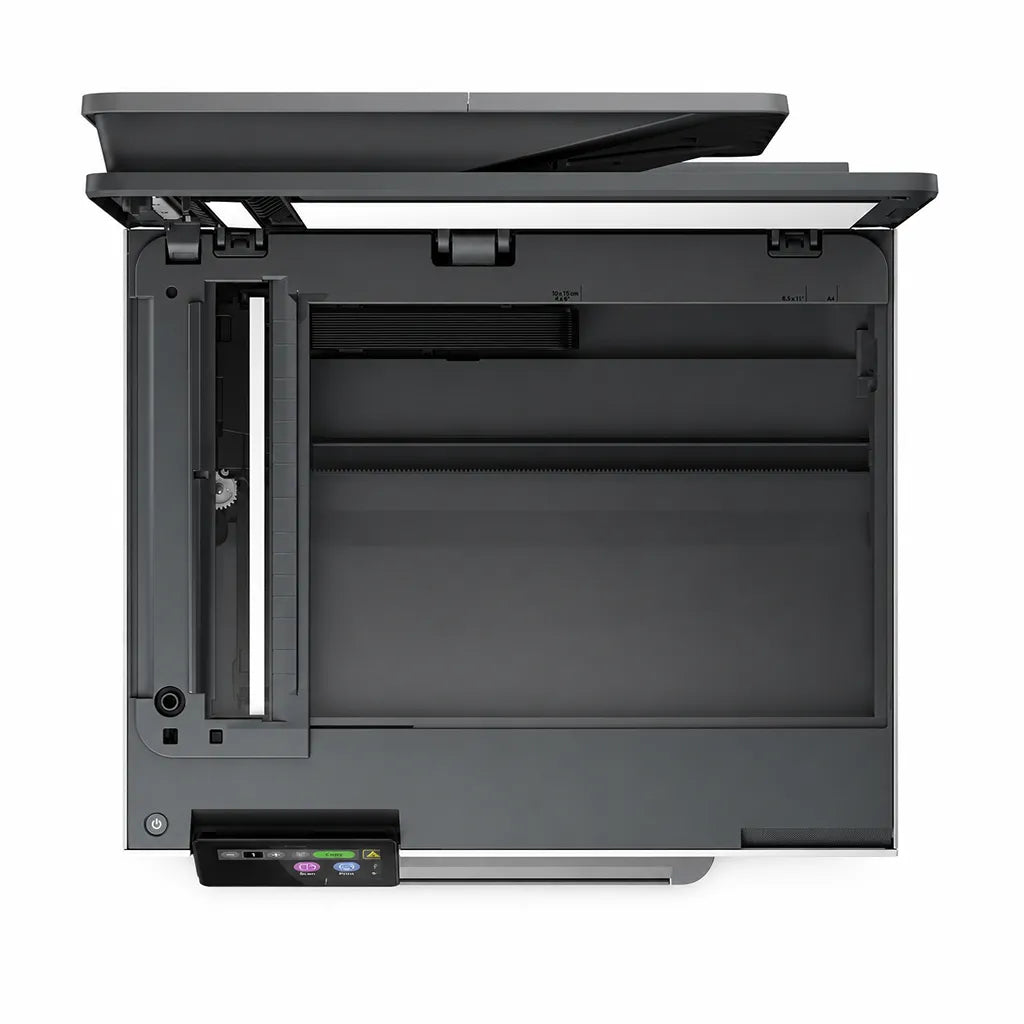 HP OfficeJet Pro 9130b all-in-one printer top open view showing scanner glass and document feeder area -tpstech.in