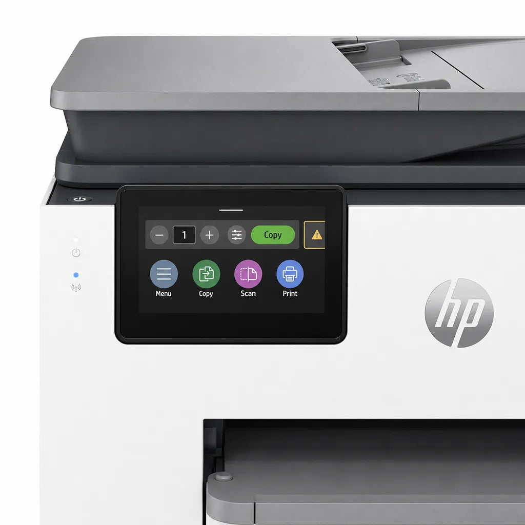 HP OfficeJet Pro 9130b printer touchscreen control panel showing copy scan print and menu controls -tpstech.in