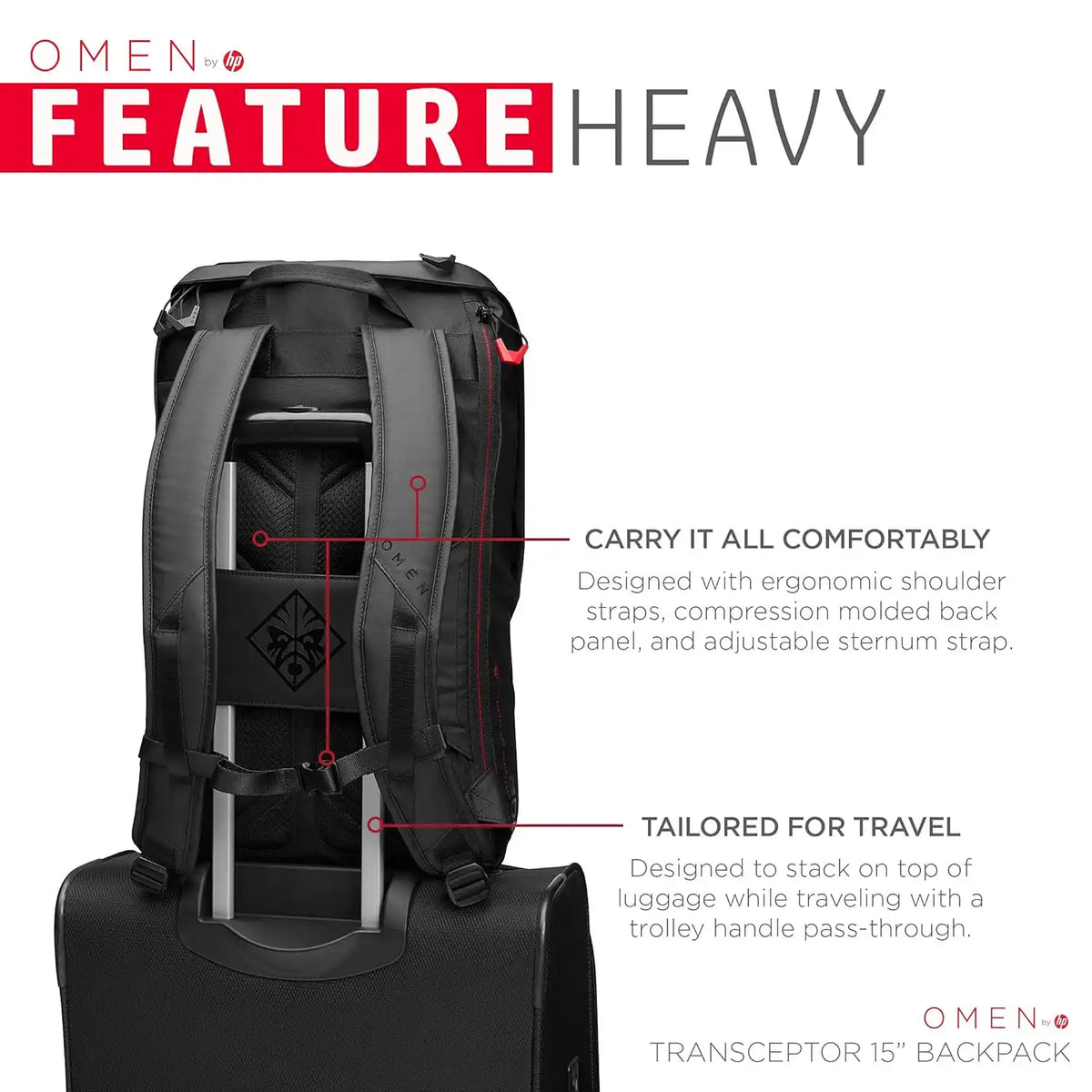 HP OMEN Transceptor 15 Laptop Backpack Back Panel with Luggage Trolley Pass-Through Strap -tpstech.in