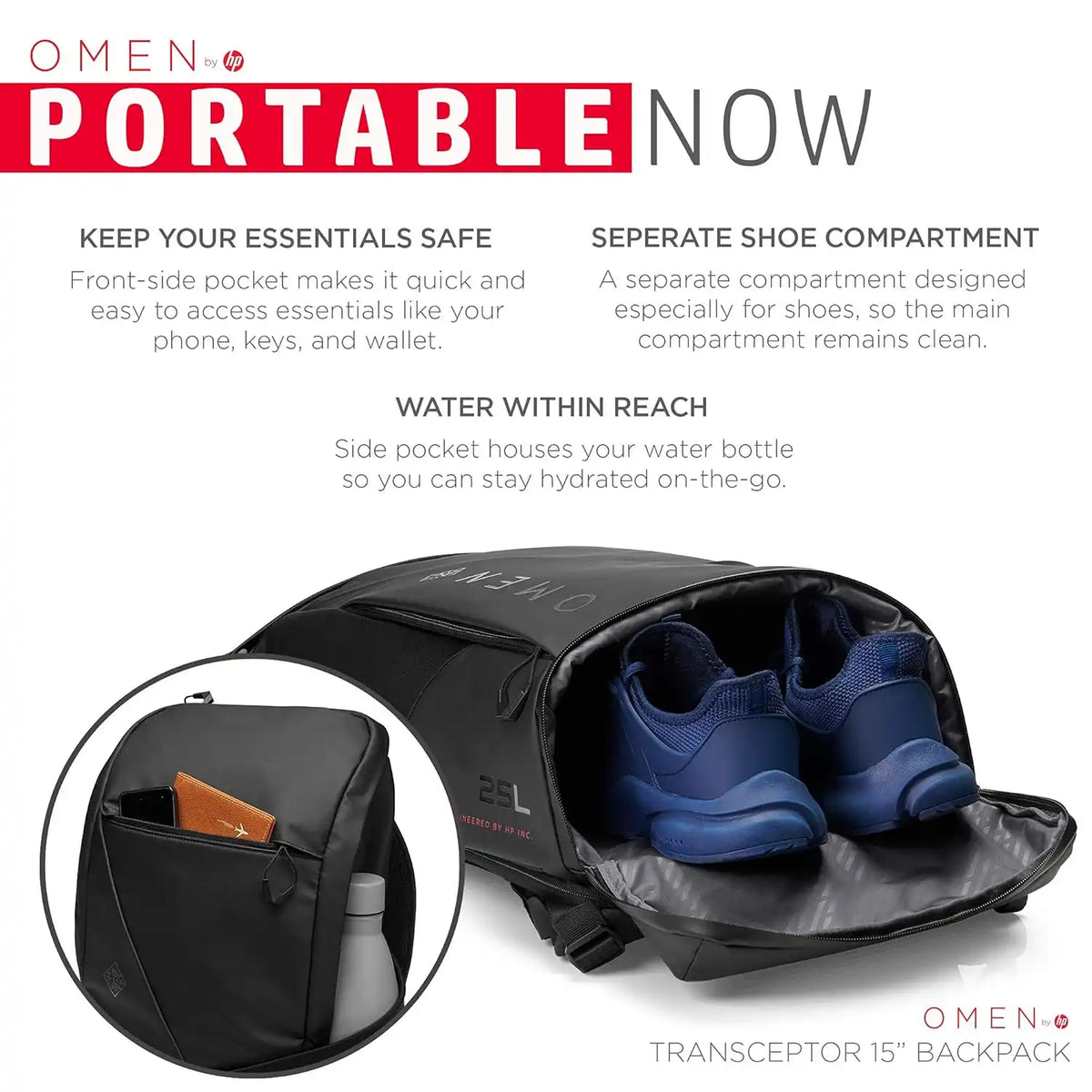 HP OMEN Transceptor 15 Laptop Backpack Dedicated Shoe Compartment and Side Water Bottle Pocket -tpstech.in