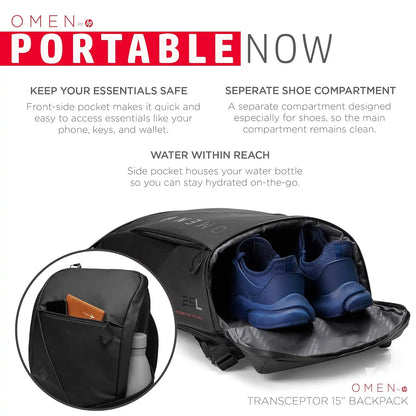 HP OMEN Transceptor 15 Laptop Backpack Dedicated Shoe Compartment and Side Water Bottle Pocket -tpstech.in