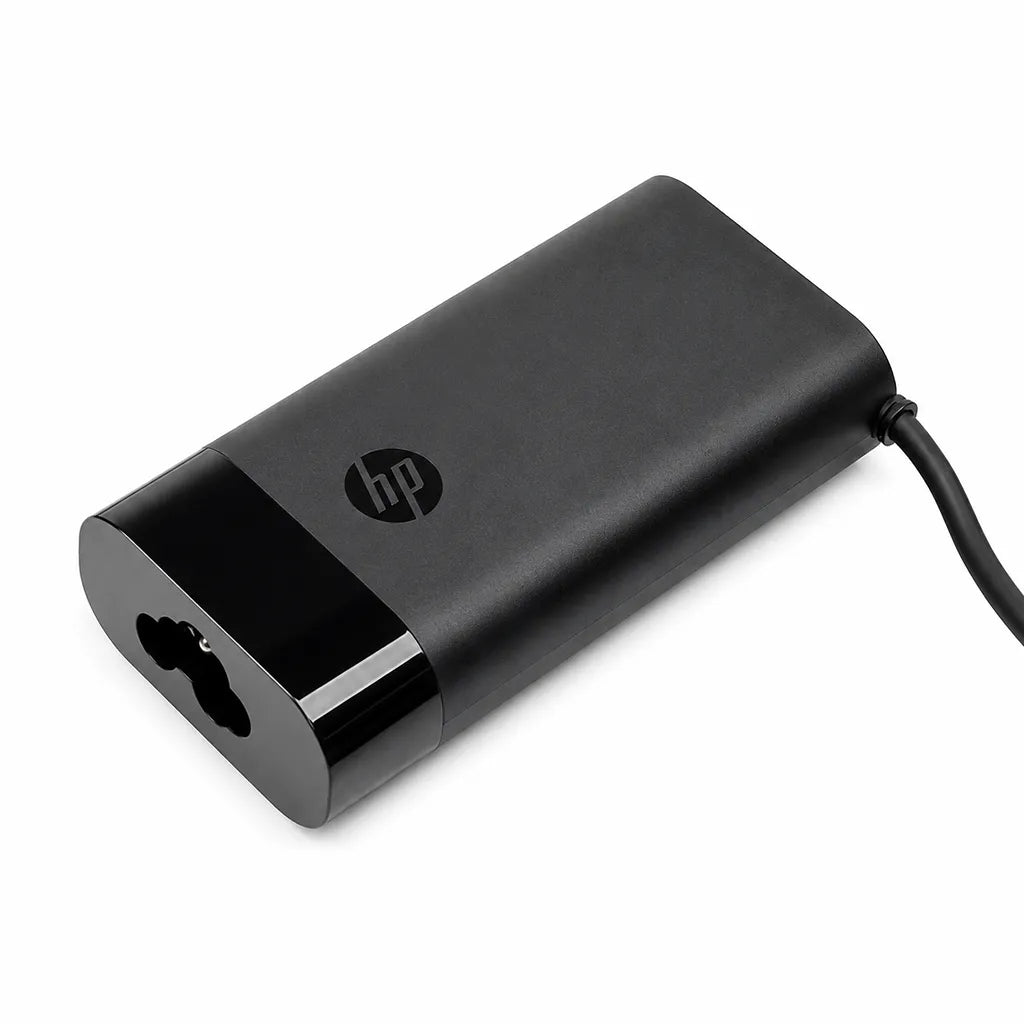 Close-up of HP Original 140W USB Type-C Pin Laptop Charger Adapter body with premium black finish.