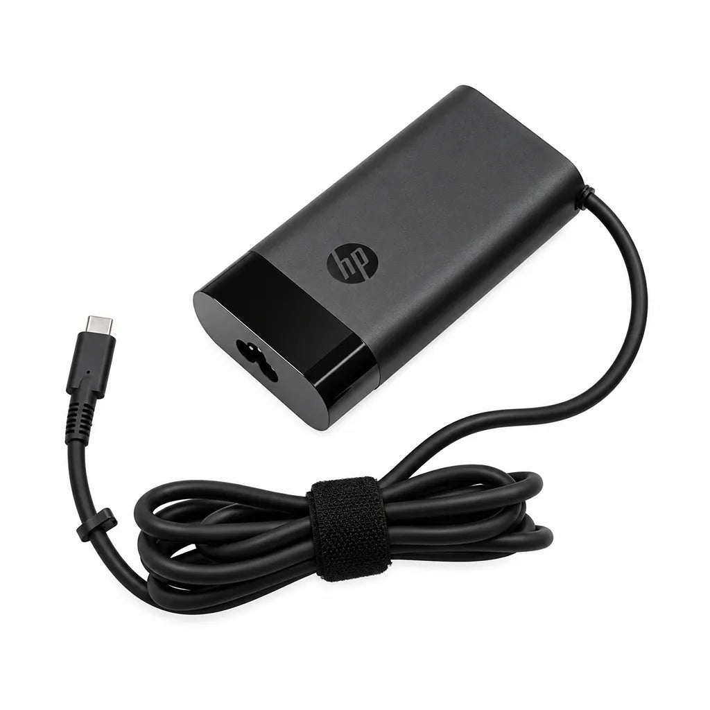 Angled view of HP Original 140W USB Type-C Pin Laptop Charger Adapter with built-in USB-C charging cable.
