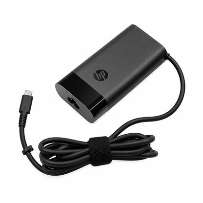 Angled view of HP Original 140W USB Type-C Pin Laptop Charger Adapter with built-in USB-C charging cable.