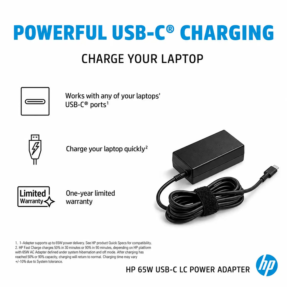 HP Original 65W 19.5V USB Type C Pin Laptop Charger Adapter promotional graphic highlighting fast charge compatibility tpstech.in