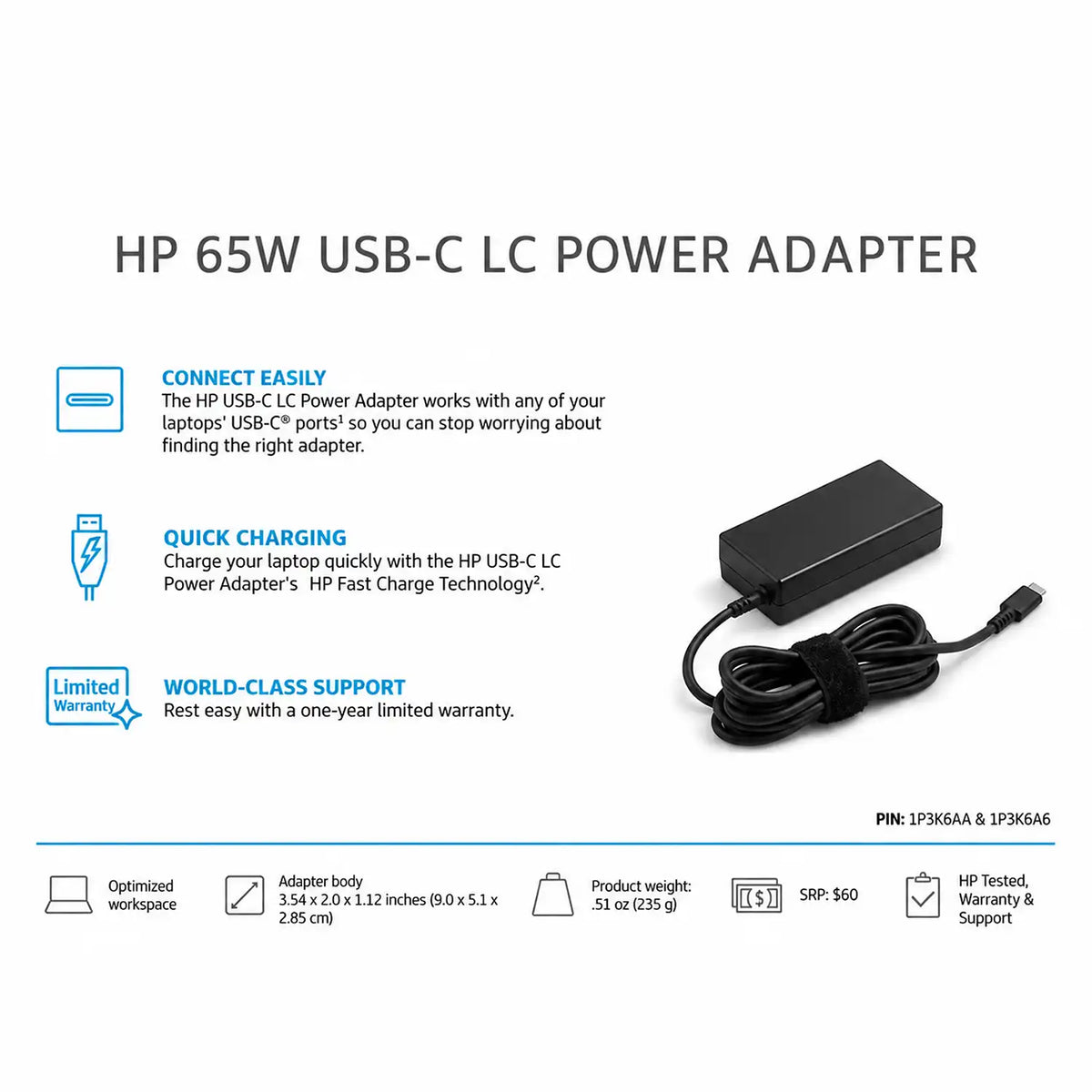 HP Original 65W 19.5V USB Type C Pin Laptop Charger Adapter specifications chart and dimensions infographic tpstech.in