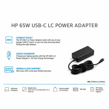 HP Original 65W 19.5V USB Type C Pin Laptop Charger Adapter specifications chart and dimensions infographic tpstech.in
